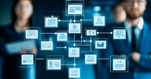 Digital data management interface with interconnected documents, analytics, and workflow automation, representing business intelligence and efficient data processing in a corporate environment.